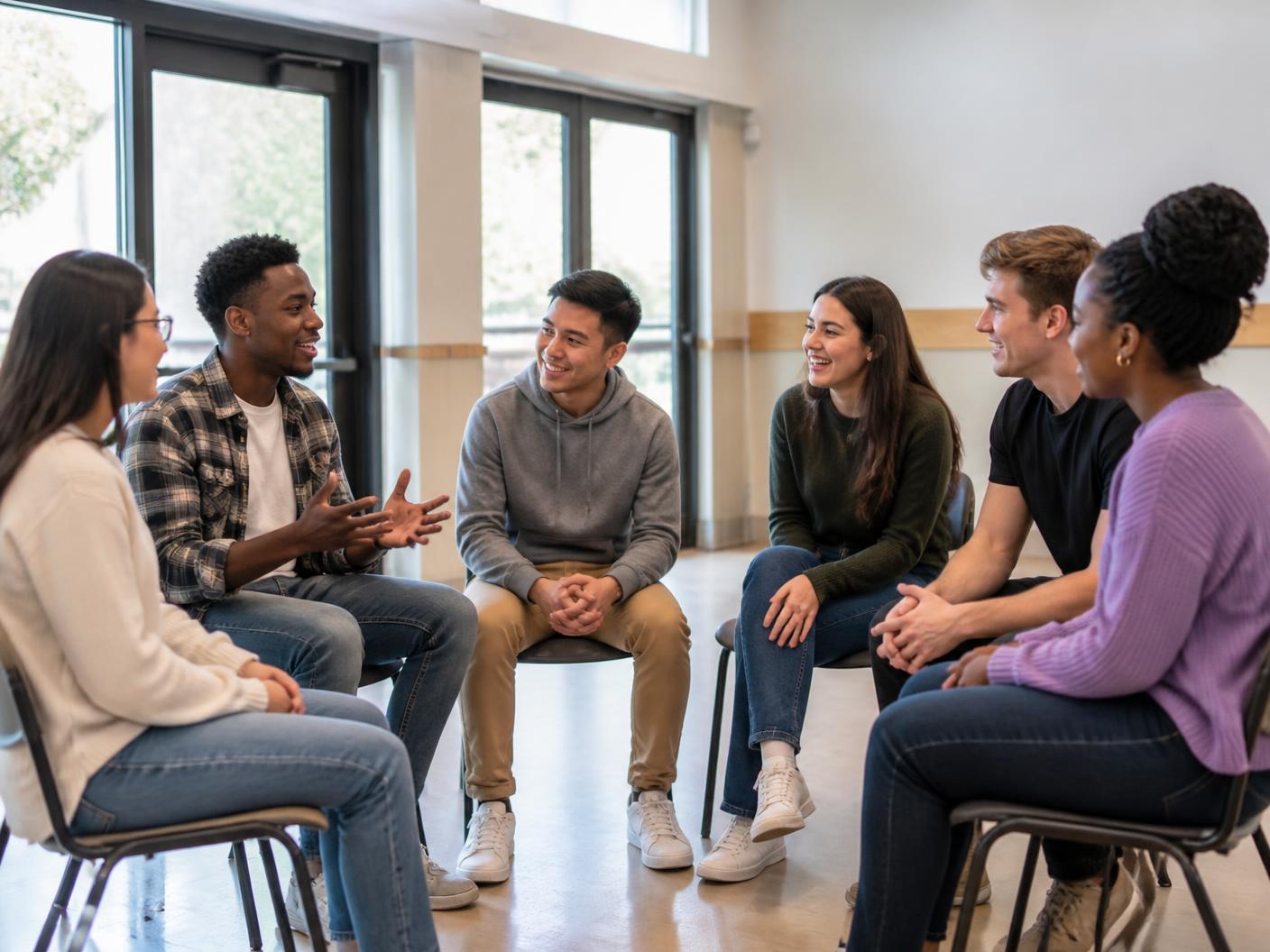 Young adults sitting in a circle in an open group conversation